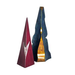 Modern Abstract Metal Sculptures Red & Blue Gold Accents Pair Signed By Burke